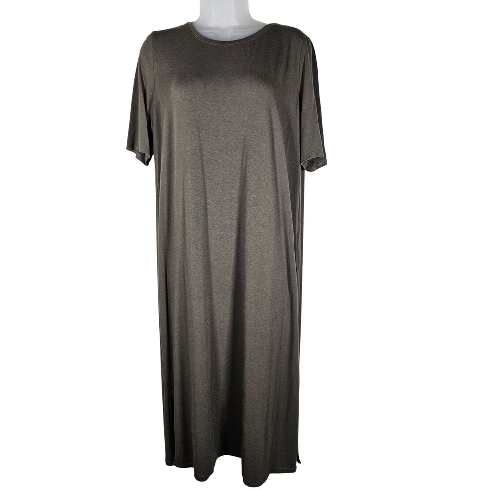 EILEEN FISHER Dress M Viscose Stretch Jersey‎ Short Crewneck Midi Green Minimal